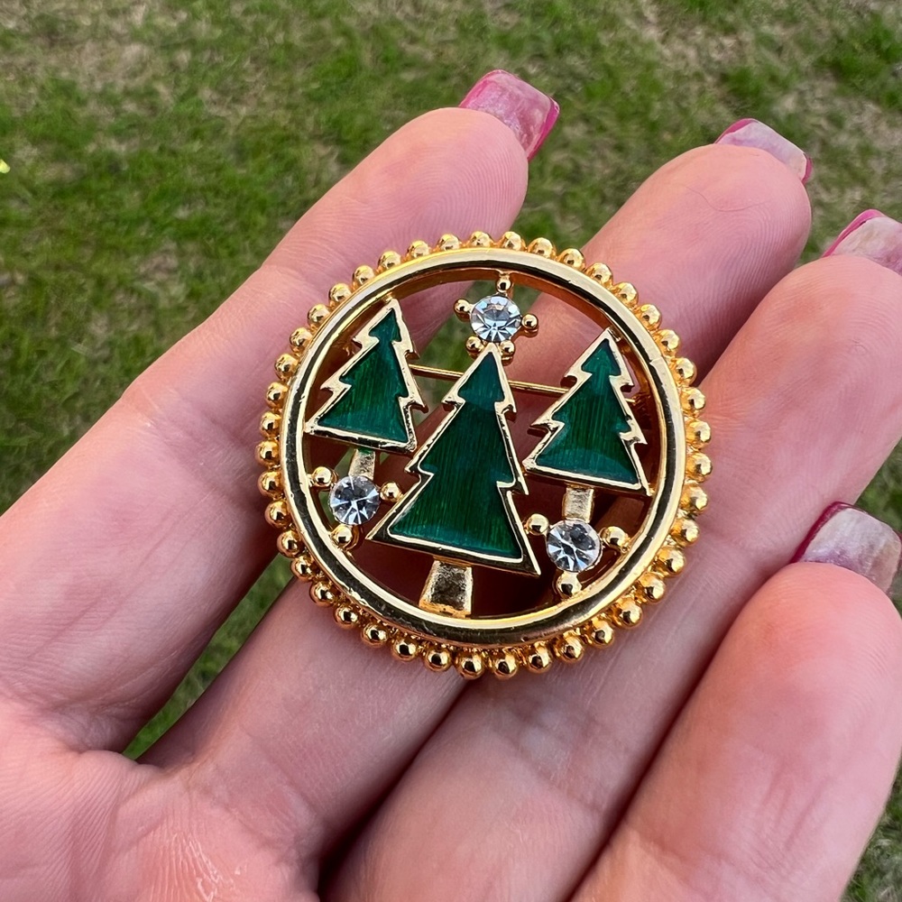 Vintage Monet Gold-tone Triple Enamel Christmas Tree Brooch with Cubic Zirconias